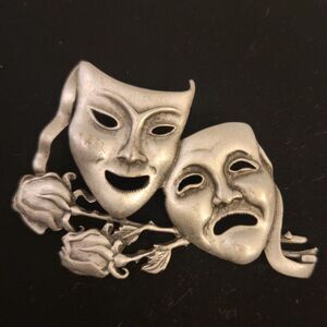 JJ Jonette Silver Pewter Comedy Tragedy Mask WBudding Rose Buds Brooch Pin Heavy